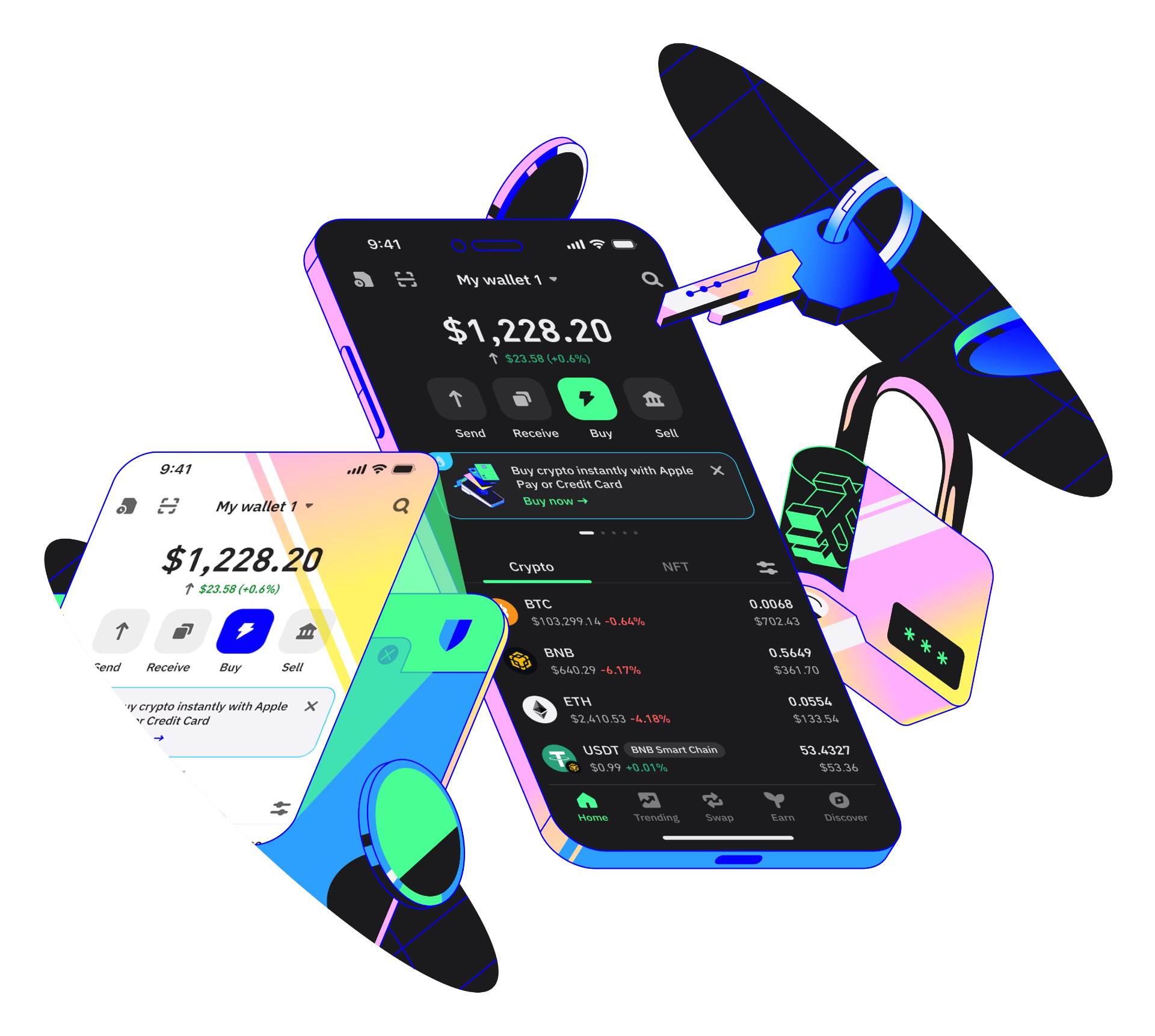 Trust Wallet app with crypto balance and security keys